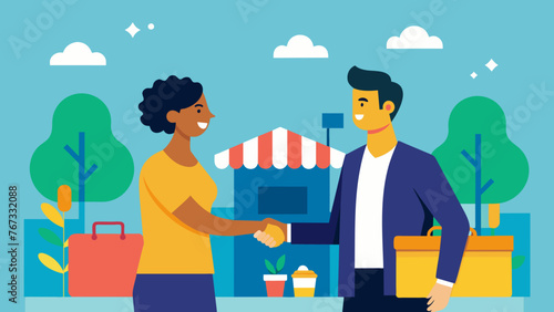 In a bustling marketplace two business owners shake hands their signatures already adorning the fair trade agreement between their companies