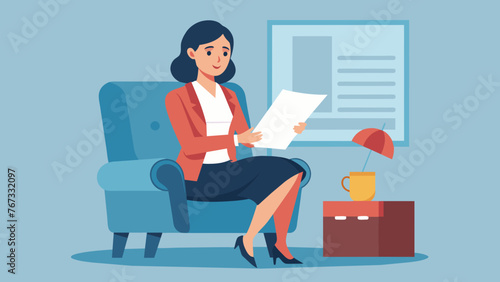 In a modern office setting a female entrepreneur sits comfortably in a plush chair poring over a stack of legal papers. Her calm expression