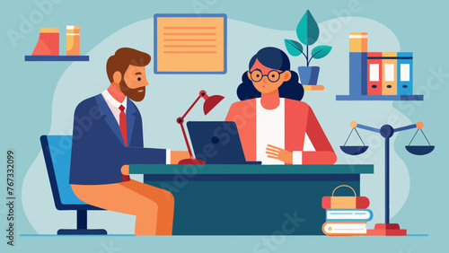 In a professional office setting an attorney confidently advises a business owner on various legal issues utilizing their expertise to find the