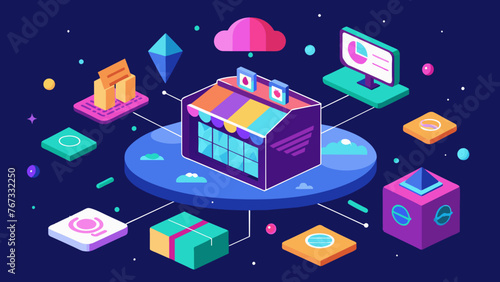 A forwardthinking online marketplace incorporating holographic popups and virtual storefronts bringing a new level of excitement and engagement