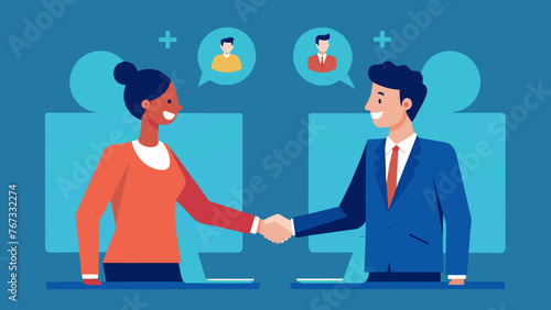 Two exeives shaking hands virtually representing the seamless collaboration achieved through virtual telepresence technology allowing for