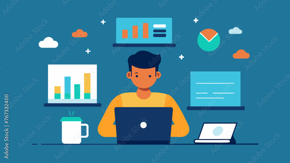 A tiredbutdetermined entrepreneur sits at their desk laptop open and surrounded by multiple screens displaying various charts spreadsheets and A tiredbutdetermined entrepreneur sits at their desk laptop open and surrounded by multiple screens displaying various charts spreadsheets and