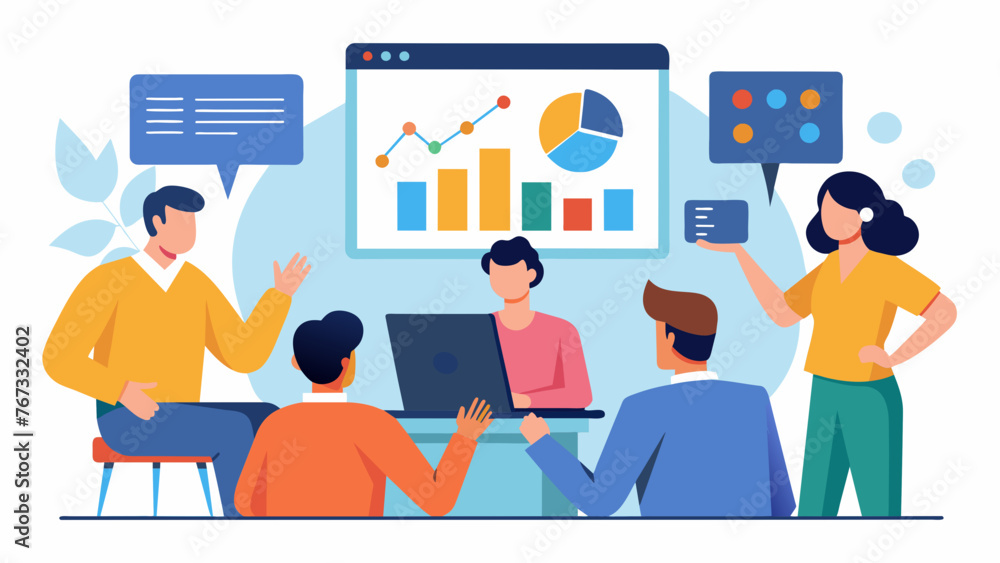 A group of people in a meeting room with a screen displaying social media metrics and data highlighting the importance of using analytics to A group of people in a meeting room with a screen displaying social media metrics and data highlighting the importance of using analytics to