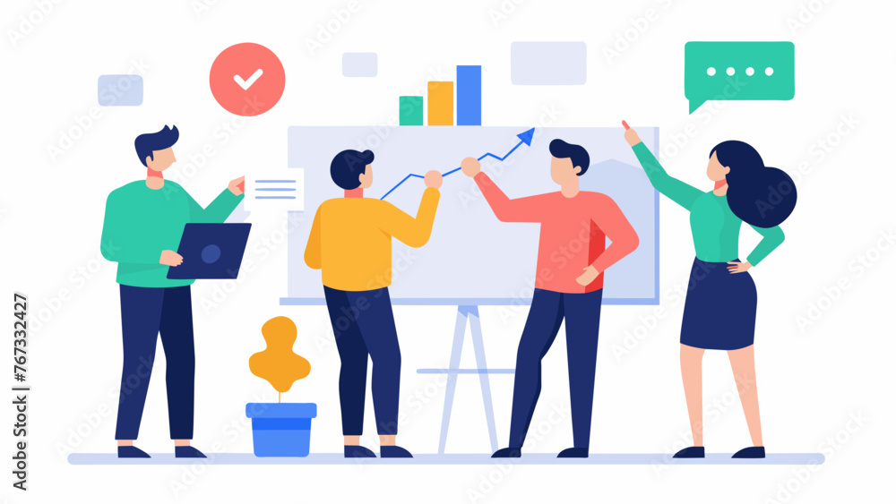 A group of employees collaborating on a whiteboard brainstorming ideas for utilizing social media metrics to boost the companys growth and A group of employees collaborating on a whiteboard brainstorming ideas for utilizing social media metrics to boost the companys growth and