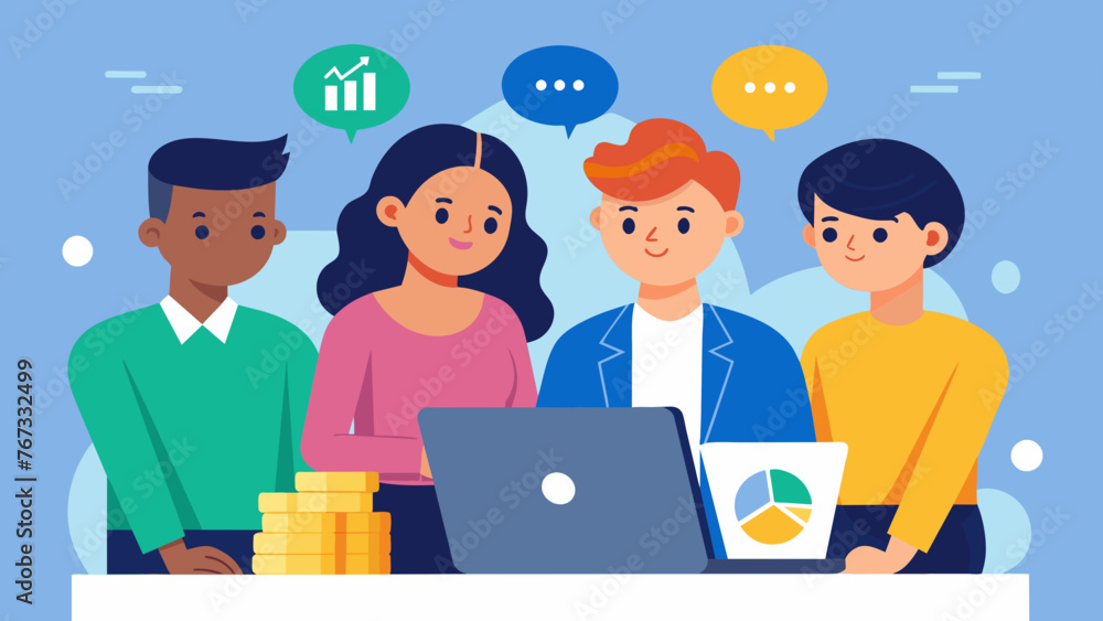 A group of entrepreneurs huddle around a laptop using budgeting software to track and manage their business expenses in real time. A group of entrepreneurs huddle around a laptop using budgeting software to track and manage their business expenses in real time.