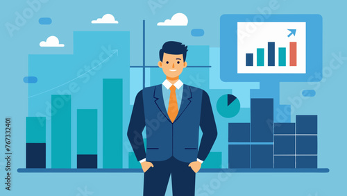 In a bustling urban setting a businessman stands confidently in front of a digital display showcasing realtime updates on their companys sales
