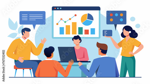 A group of people in a meeting room with a screen displaying social media metrics and data highlighting the importance of using analytics to