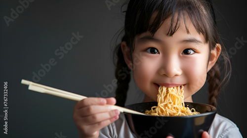 Asian child girl eating instant noodles isolated on