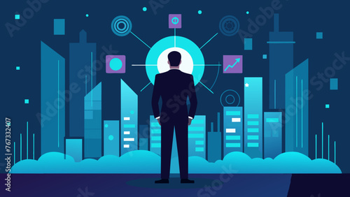 A silhouette of a businessman stands in front of a futuristic city skyline surrounded by holographic projections of data and statistics
