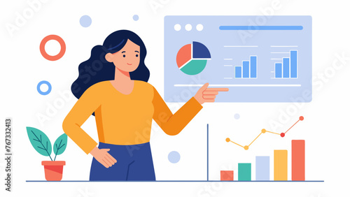 A woman stands in front of a whiteboard pointing to various graphs and charts displaying the success of her companys social media campaigns