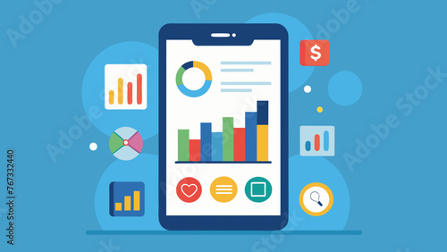 A closeup shot of a smartphone displaying a business dashboard with various social media metrics being monitored in realtime ensuring constant