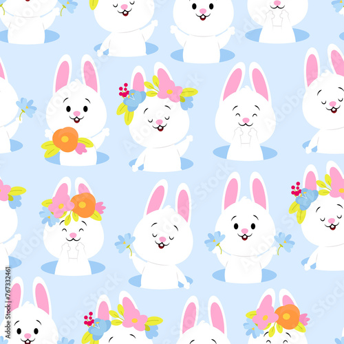 Easter seamless pattern of white bunnies and flowers