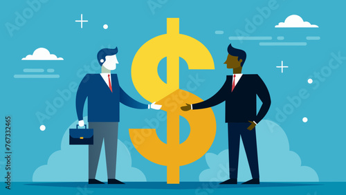 Silhouetted exeives shaking hands against a backdrop of a bright glowing dollar sign representing a profitable business partnership.
