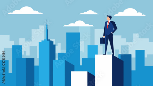 A businessman stands on top of a skyser gazing out at the cityscape below and envisioning the potential for business growth and opportunities