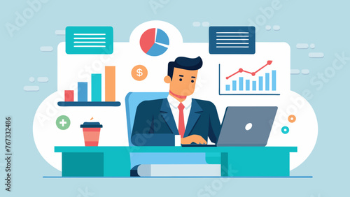 A businessman sitting at his desk in a sleek modern office poring over financial statements and charts as he conducts a thorough cash flow