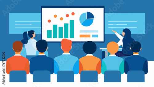 A conference room full of employees viewing a presentation on their companys latest data visualization tool to track ROI and make datadriven