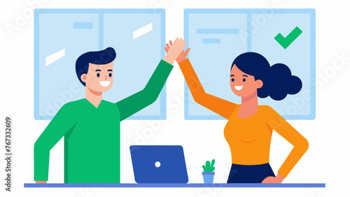 Two employees highfive each other in the office both excited to implement new techniques they learned during a recent training program on