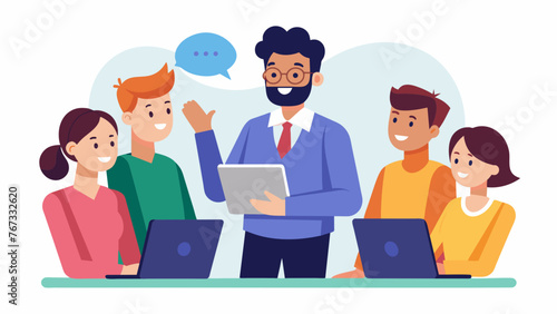 A refreshed and excited group of employees gather around their manager who is demonstrating the latest digital training tools highlighting the