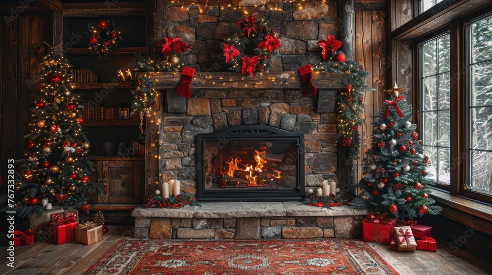 Festive interior inside wooden house, New Year's cheerful mood Spirit of Christmas. Festive interior inside wooden house, New Year's cheerful mood Spirit of Christmas.