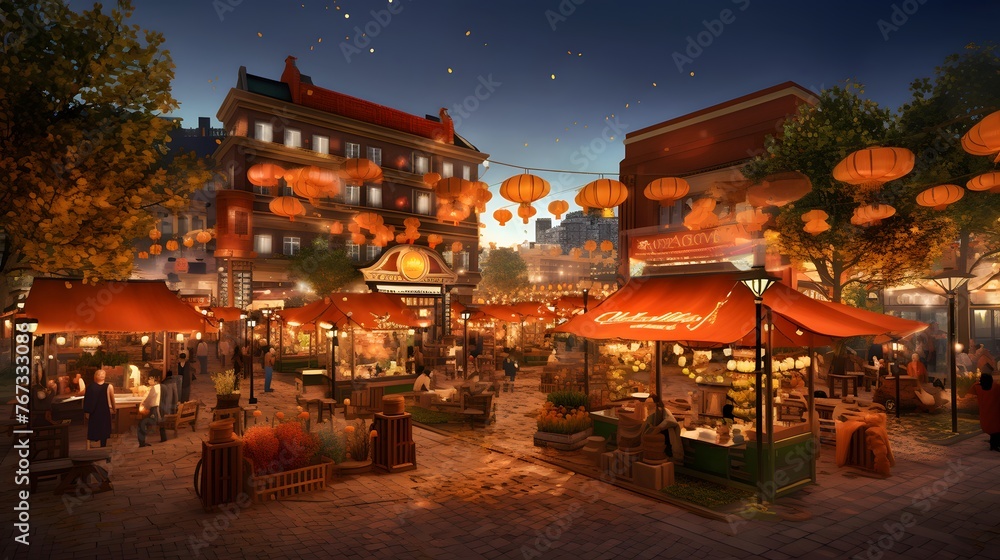 Night city street with umbrellas and tables. Panoramic view.