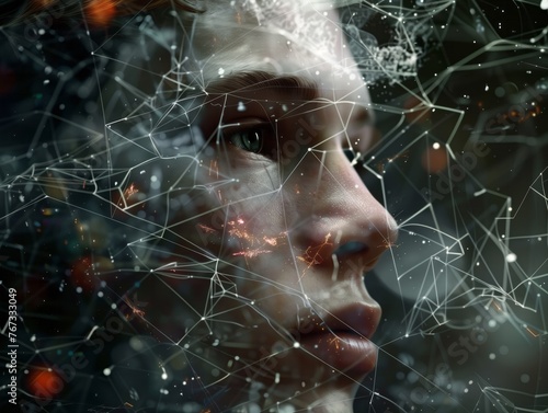 A man's face is shown in a blurry, distorted way, with a lot of lines and dots surrounding it. The image has a futuristic, almost alien-like feel to it, with a sense of chaos and confusion