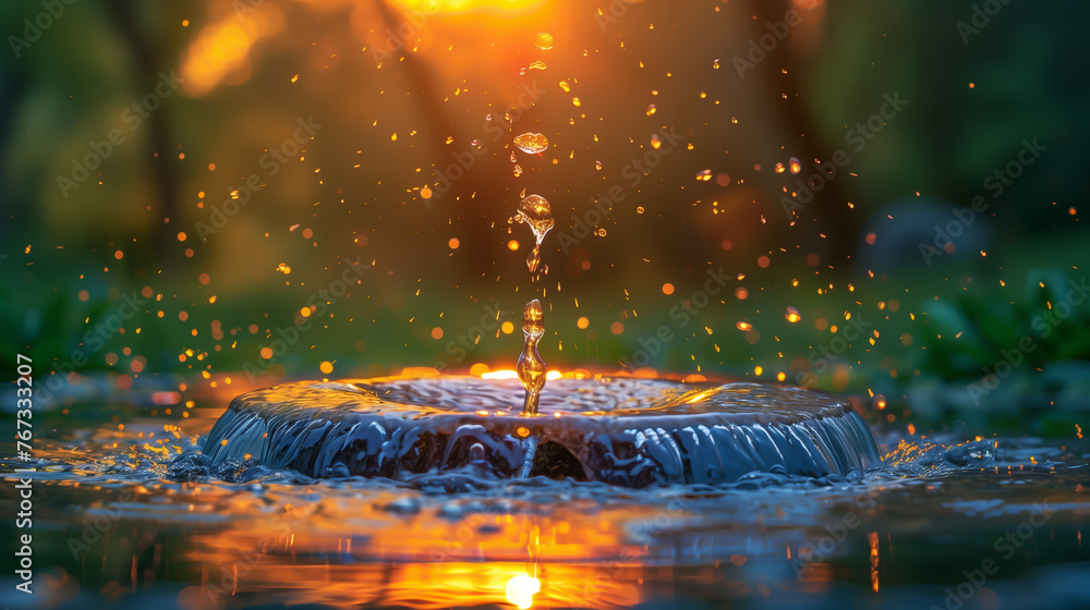 Fountain in water with sunset in - obrazy, fototapety, plakaty 