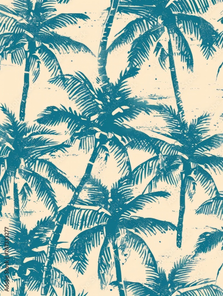 Fototapeta premium Blue and white wallpaper featuring a pattern of palm trees against a clear sky