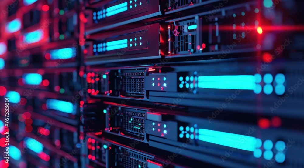 Gros plan sur un data center avec des rangées de serveurs informatiques puissants éclairés par des lumières colorées, symbolisant la puissance de la technologie. Gros plan sur un data center avec des rangées de serveurs informatiques puissants éclairés par des lumières colorées, symbolisant la puissance de la technologie.