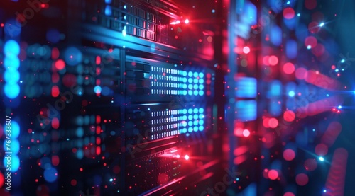Gros plan sur un data center avec des rangées de serveurs informatiques puissants éclairés par des lumières colorées, symbolisant la puissance de la technologie. photo