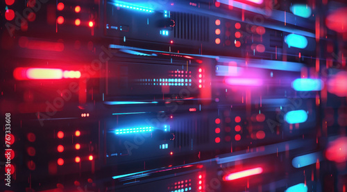 Gros plan sur un data center avec des rangées de serveurs informatiques puissants éclairés par des lumières colorées, symbolisant la puissance de la technologie.
