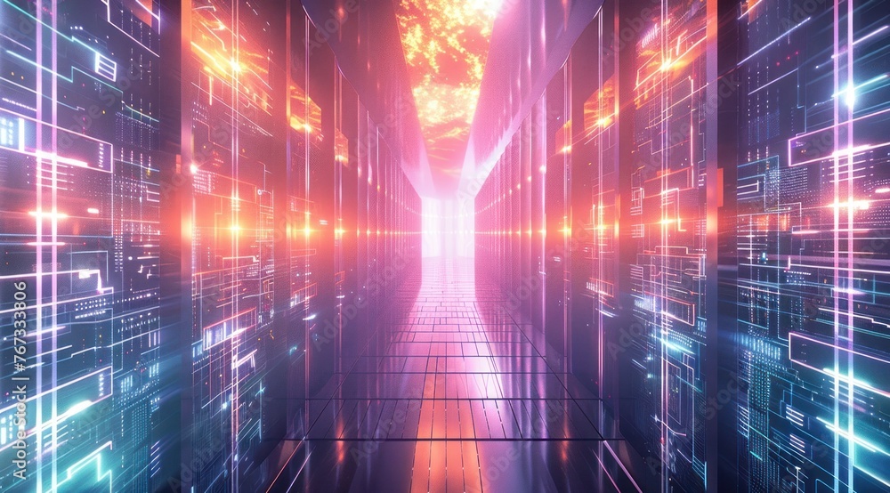 Salle de serveurs informatique, centre de données, data center dans un style d'imagerie futuriste lumineux, image avec espace pour texte. Salle de serveurs informatique, centre de données, data center dans un style d'imagerie futuriste lumineux, image avec espace pour texte.