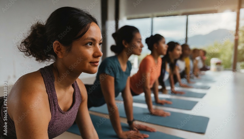 Line of people in a yoga class performing a forward bend pose, with the focus on a woman in the foreground Line of people in a yoga class performing a forward bend pose, with the focus on a woman in the foreground