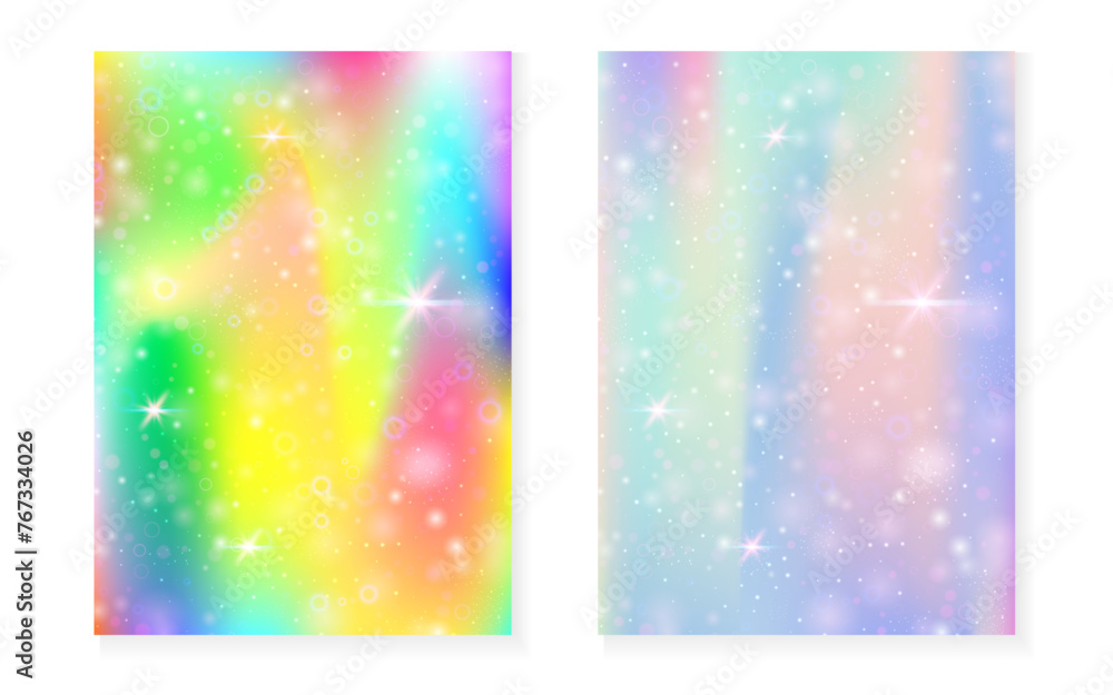 Kawaii background with rainbow princess gradient. Magic unicorn hologram. Holographic fairy set. Fluorescent fantasy cover. Kawaii background with sparkles and stars for cute girl party invitation. Kawaii background with rainbow princess gradient. Magic unicorn hologram. Holographic fairy set. Fluorescent fantasy cover. Kawaii background with sparkles and stars for cute girl party invitation.