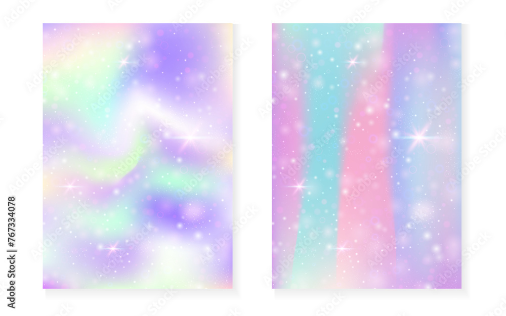 Unicorn background with kawaii magic gradient. Princess rainbow hologram. Holographic fairy set. Bright fantasy cover. Unicorn background with sparkles and stars for cute girl party invitation. Unicorn background with kawaii magic gradient. Princess rainbow hologram. Holographic fairy set. Bright fantasy cover. Unicorn background with sparkles and stars for cute girl party invitation.