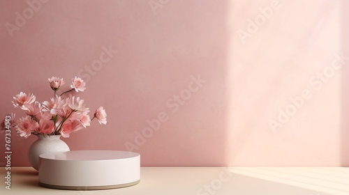 On a pink background, a podium next to flowers