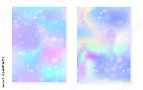 Princess background with kawaii rainbow gradient. Magic unicorn hologram. Holographic fairy set. Spectrum fantasy cover. Princess background with sparkles and stars for cute girl party invitation.