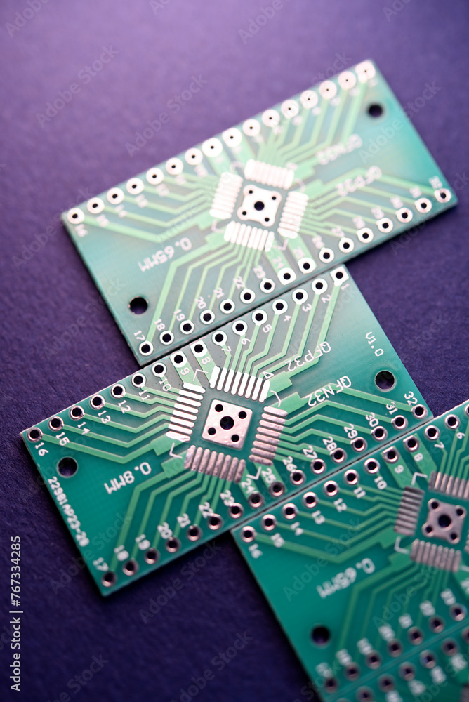 Green printed circuit boards for soldering radio components. A set for a beginner amateur radio operator. Green printed circuit boards for soldering radio components. A set for a beginner amateur radio operator.