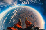 A skydivers feet dangle above a stunning curved horizon, with a golden sunset coloring the skies.