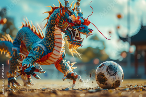 Dragon Figurine Kicking Soccer Ball