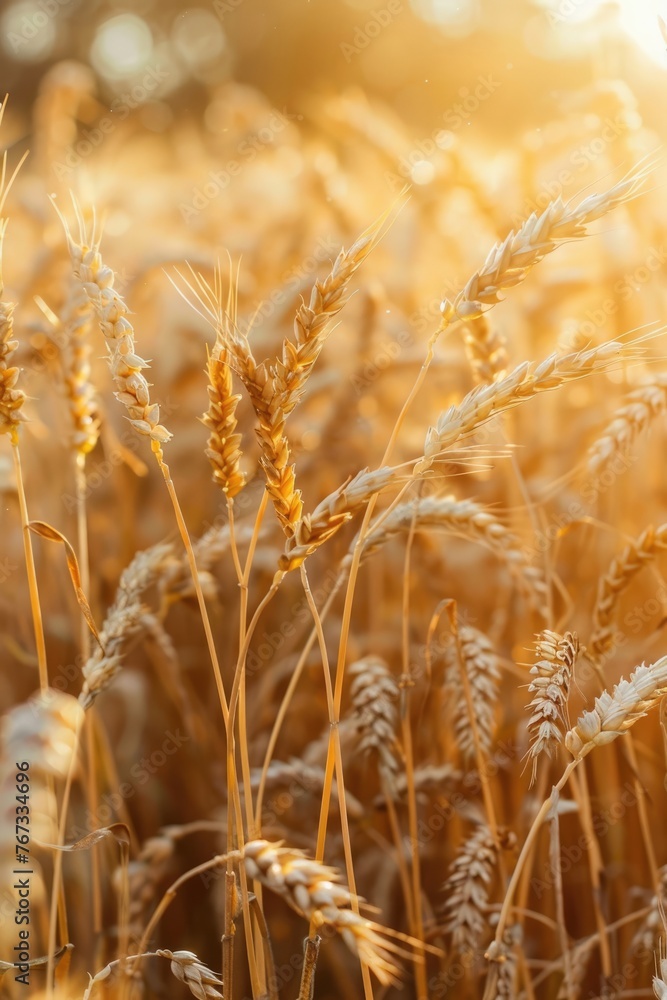 Fototapeta premium vertical banner, Shavuot, Vaisakhi, Sikh New year, wheat ears in the sunlight, wheat field at dawn or sunset, pastel shades