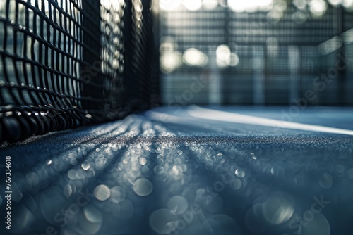 A close up of a tennis racket in motion on a vibrant court, capturing the excitement and skill of the game. photo