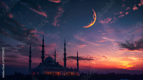 A serene evening scene with a crescent moon and a beautiful mosque in the background, representing Islamic spirituality and cultural tradition. photo