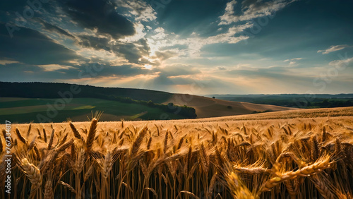 A wheat field that is in a hilly area, and that feeds many households. photo