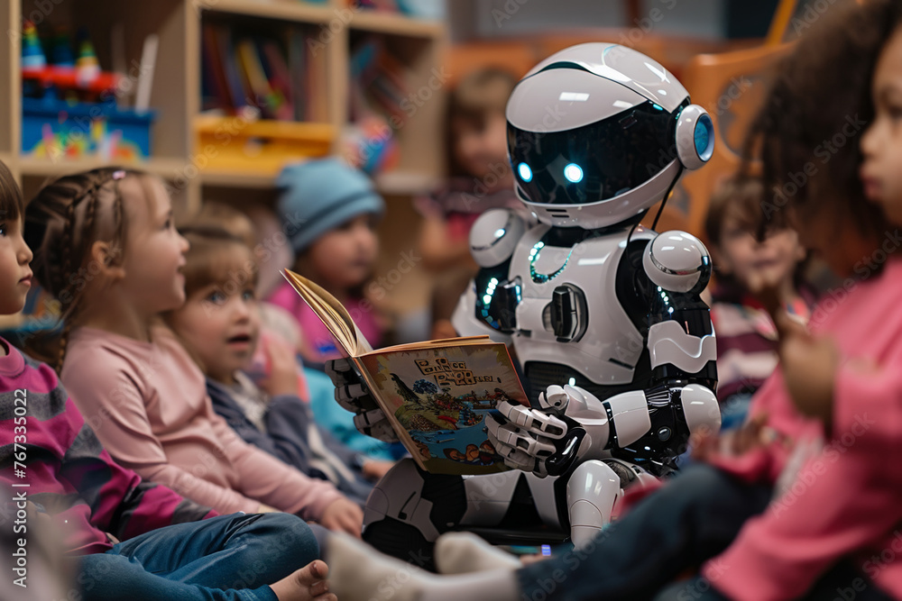 A Humanoid Robot Reads to Enthralled Children in a Colorful Library Setting