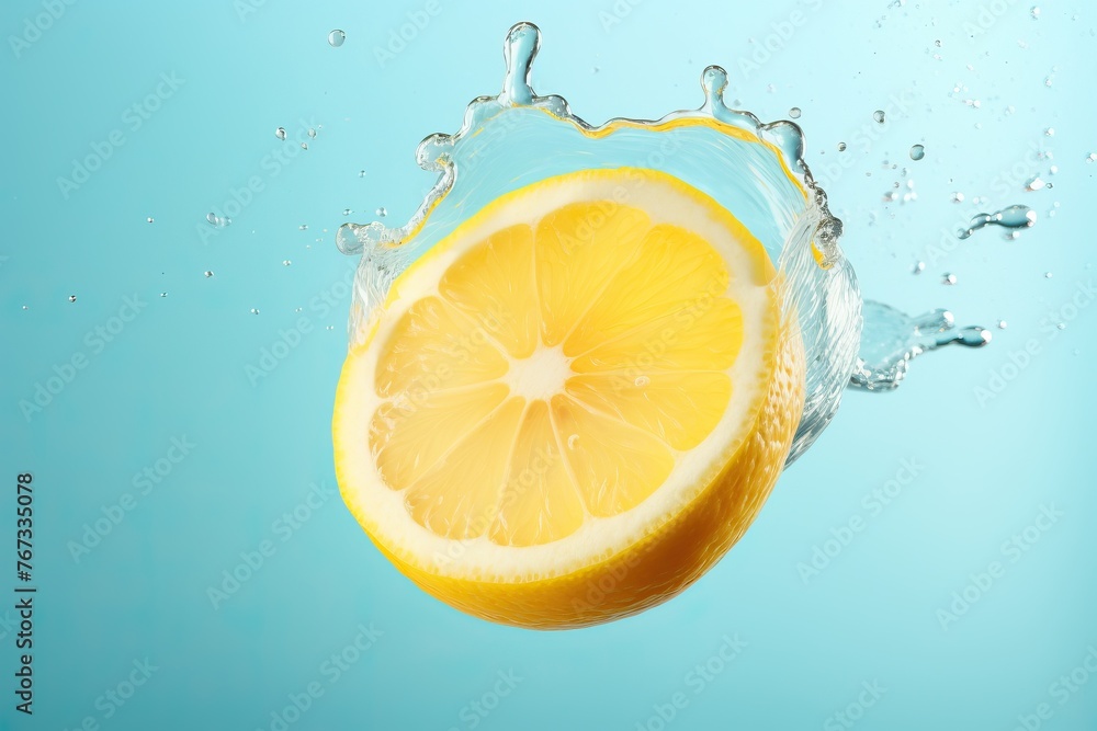 Fresh juicy lemon in splashes of water on a blue background Fresh juicy lemon in splashes of water on a blue background