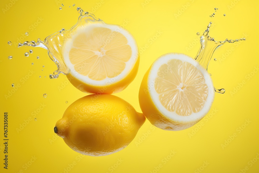 Fresh juicy lemon in splashes of water on a yellow background Fresh juicy lemon in splashes of water on a yellow background