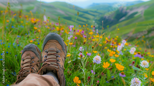 Man Woman Hiking in the Mountain Valley with Green Grass Hills and Wildflowers. Room for Copy and Text