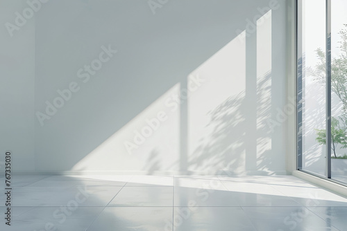 Sunlight Casting Shadows on a Clean, Empty, White Room Featuring Large Window, banner with copy space