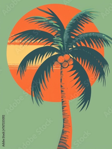 A palm tree stands against a vibrant sunset sky  casting a striking silhouette