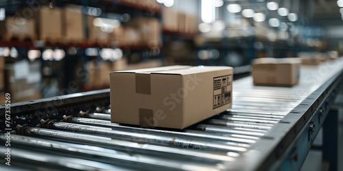 Closeup of cardboard boxes on a conveyor belt in a warehouse showcasing automated . Concept Warehouse Automation, Conveyor Belt System, Closeup Shots, Cardboard Boxes, Industry Automation